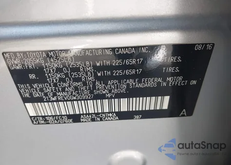 2016 Toyota Rav4 Xle z USA, uszkodzony, nr VIN 2T3WFREV0GW309927